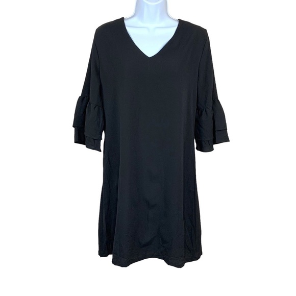NEW Black V Neck Dress Bell Sleeve Ruffle Knee Length Medium - Picture 1 of 10